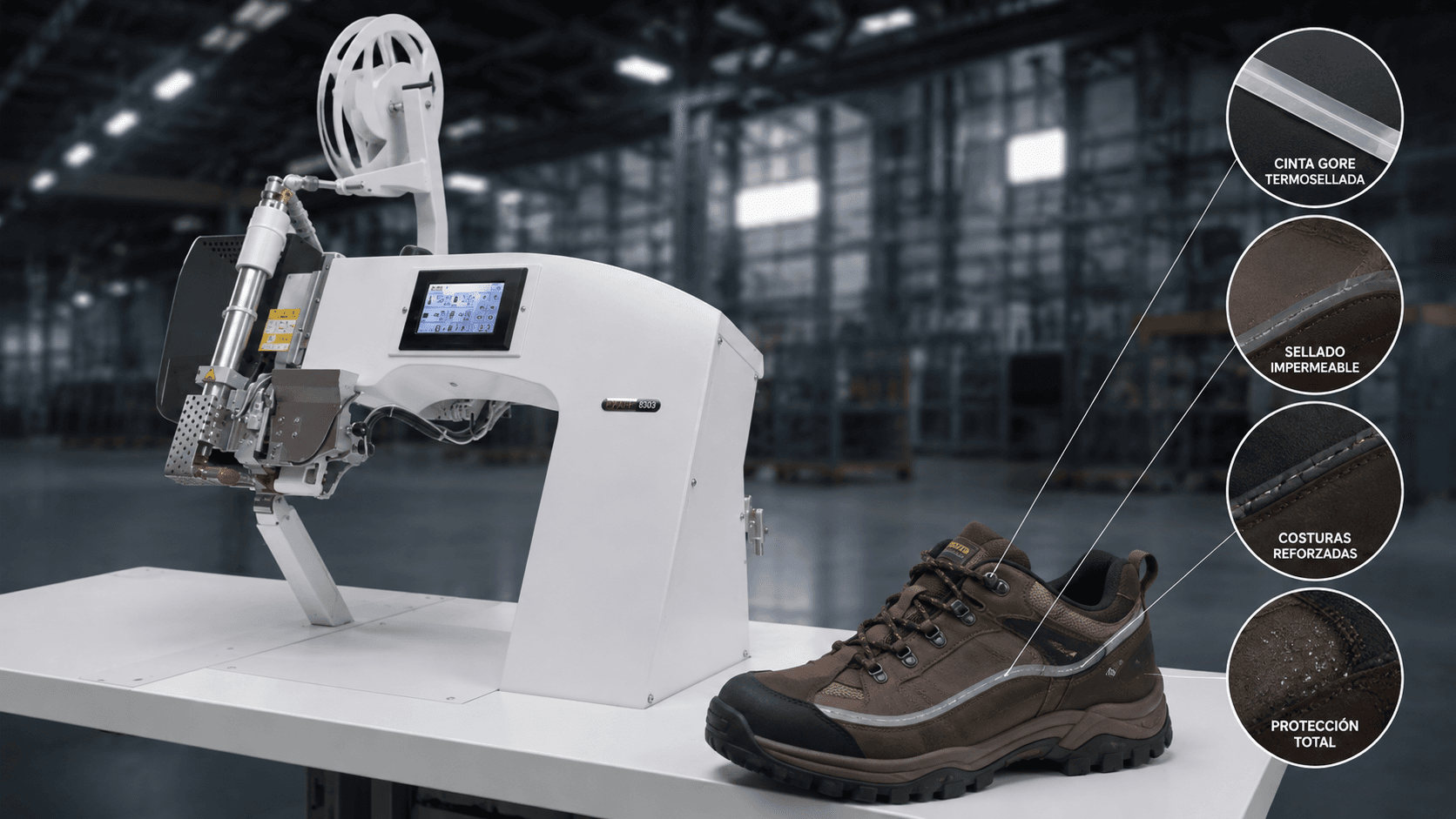 Máquina de termosellar PFAFF 8303ix sellando la costura de una bota impermeable con cinta Gore