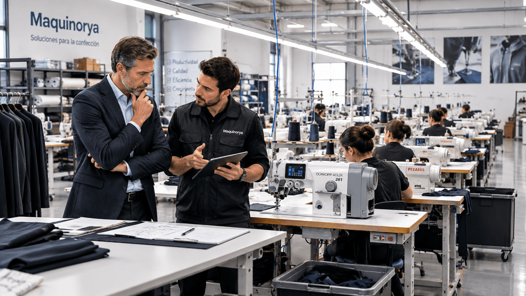 Fabricante revisando su parque de máquinas de coser industriales