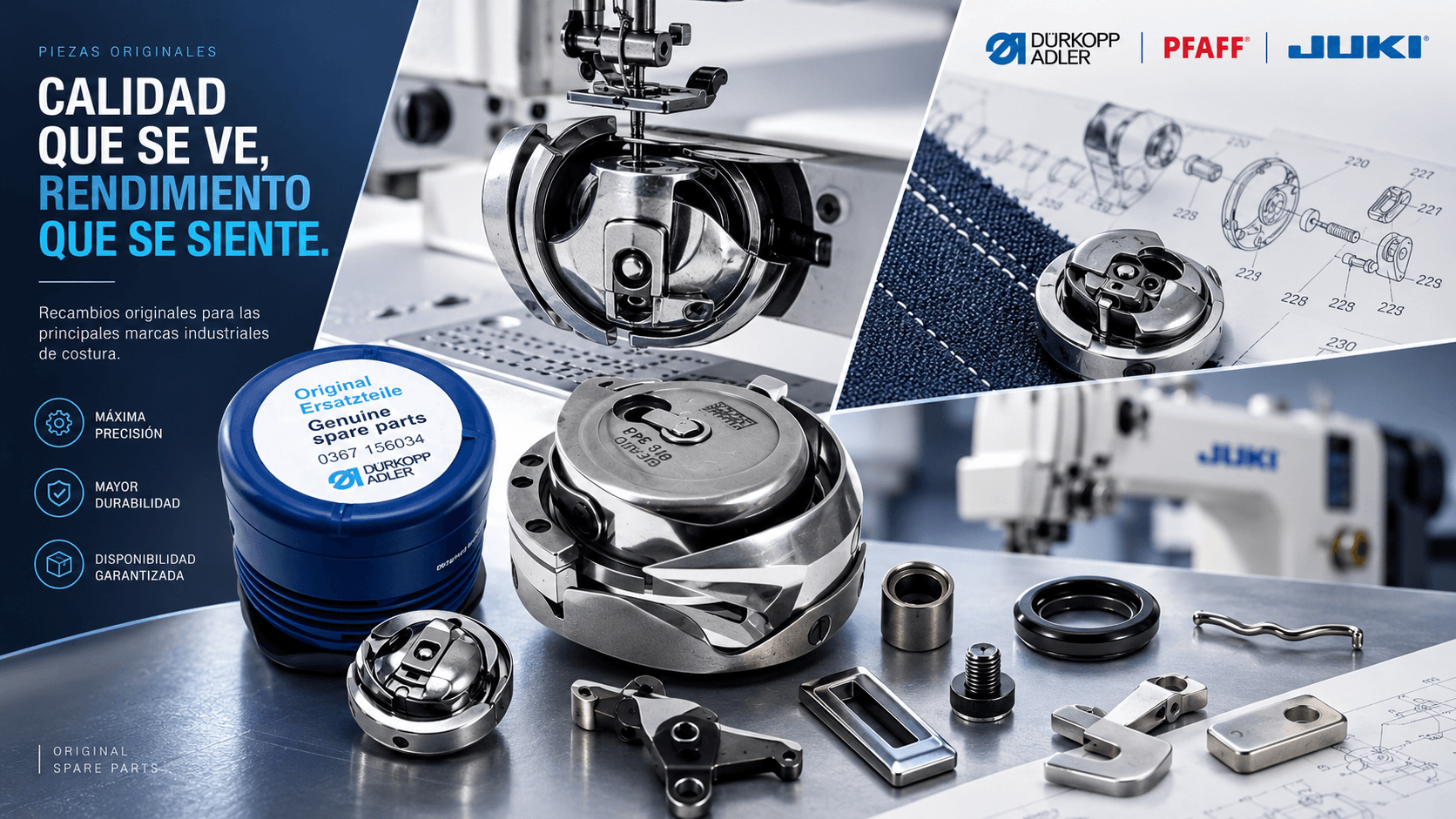 Repuestos originales Dürkopp Adler, PFAFF y JUKI: garfios, canillas, prensatelas y piezas de desgaste para máquina de coser industrial