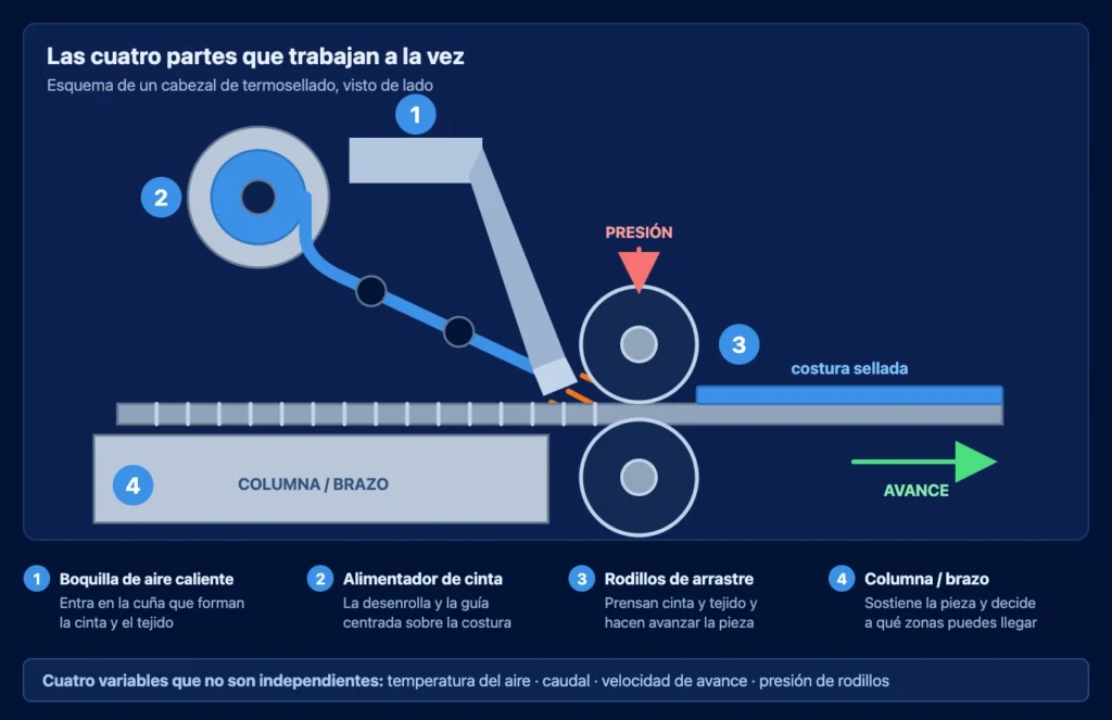 Esquema de un cabezal de termosellado con boquilla de aire caliente, alimentador de cinta, rodillos de arrastre y columna