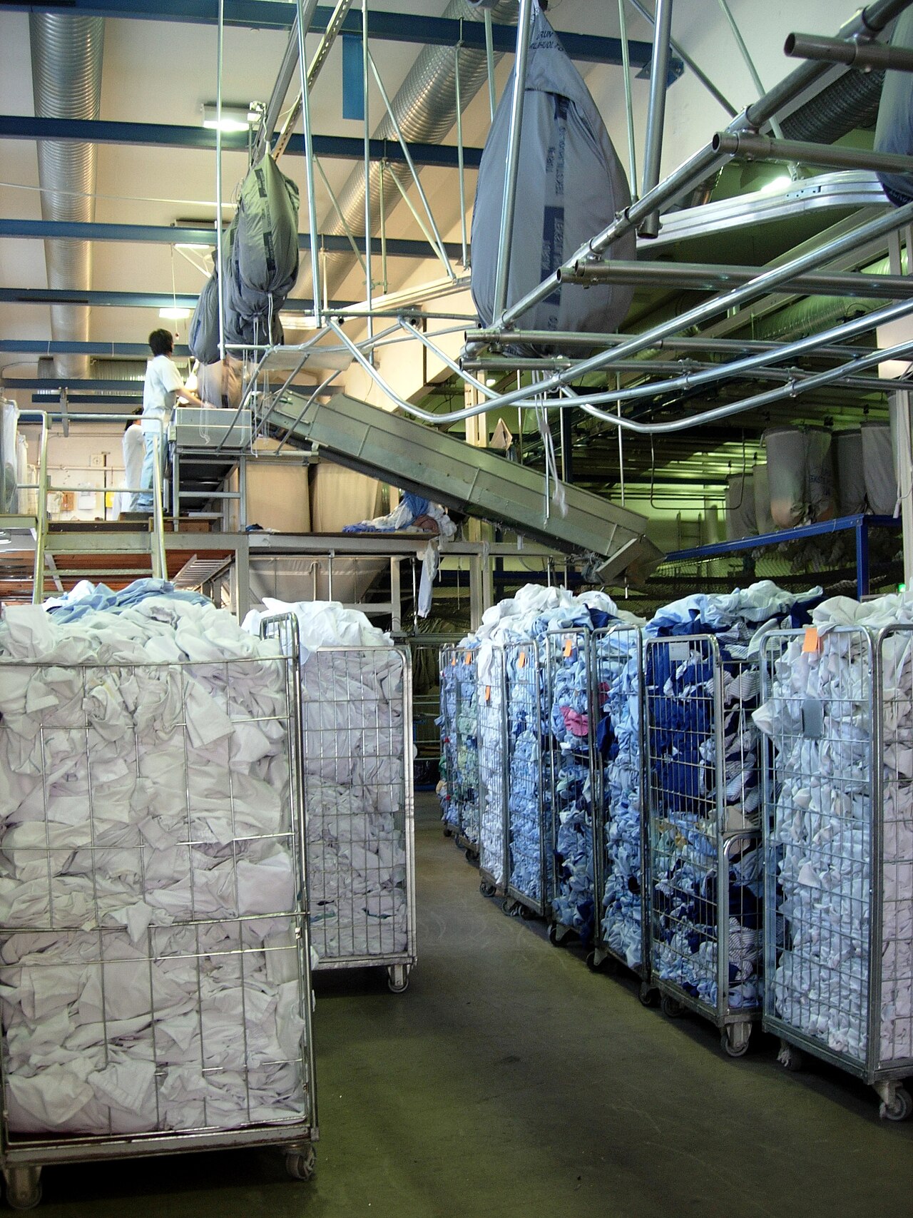 Lavandería industrial con carros de ropa de cama para clasificar